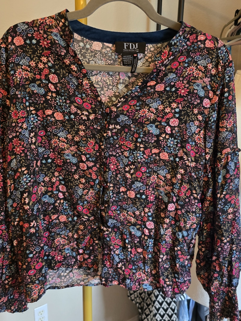 Floral V-Neck Long Sleeve Blouse - Black with Pink & Blue Floral